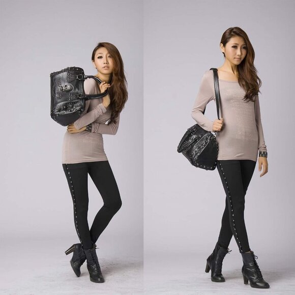 Women Skull Handbag Large Capacity Gothic Shoulder Bag Studded Doctor Handbag - Picture 6 of 12